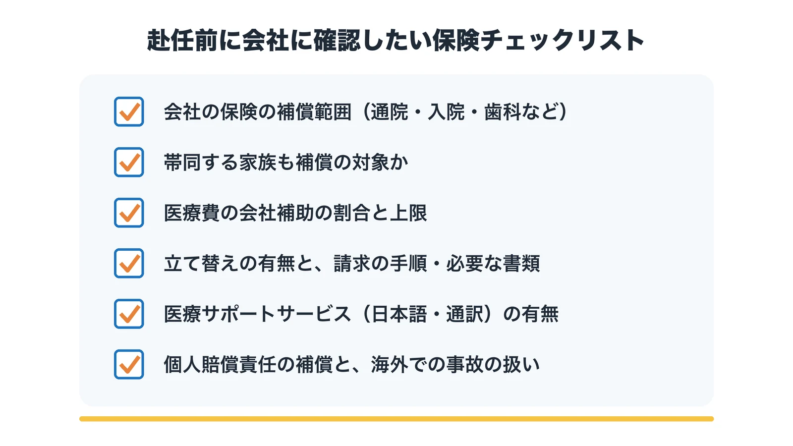 赴任前に会社に確認したい保険チェックリスト。補償範囲、家族の対象、医療費補助の割合、立て替えと請求、医療サポート、個人賠償責任