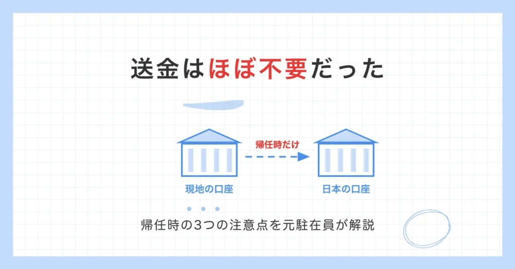 海外赴任の送金はほぼ不要だった。現地の口座から日本の口座へ送金したのは帰任時だけ。帰任時の3つの注意点を元駐在員が解説